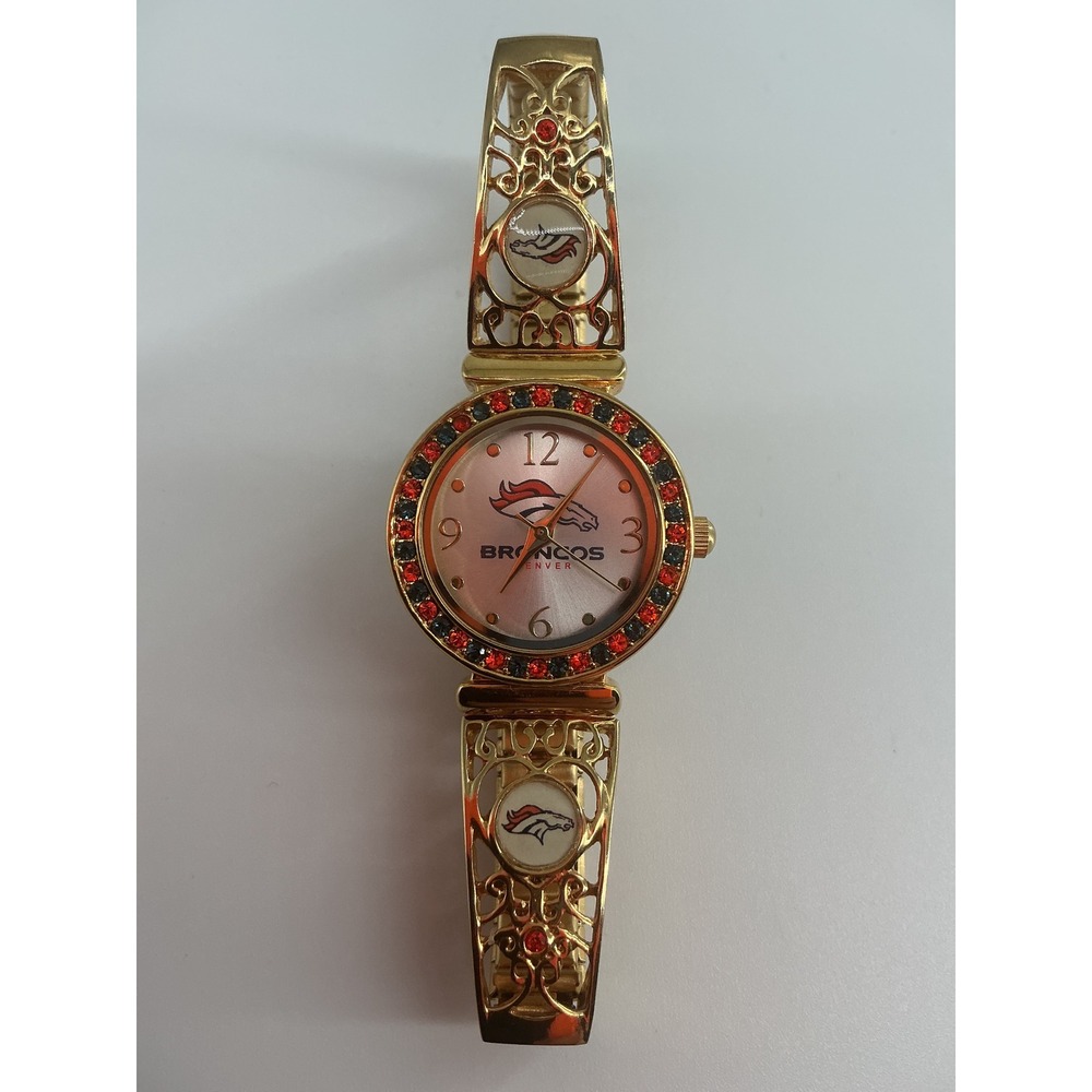 Denver Broncos Gold Tone Rhinestone Filigree Expansion Band Watch NFL Womens